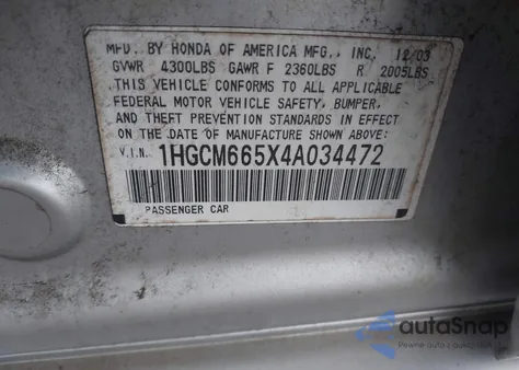 2004 Honda Accord 3.0 Ex из США, поврежденный, VIN 1HGCM665X4A034472